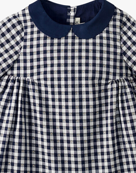 Girls' long-sleeved French gingham dress in white and midnight blue ASTRID 20 / 20VU1913N18713