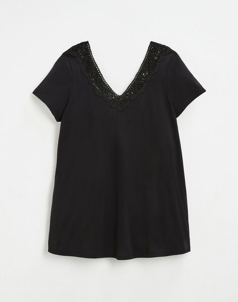 Black tee-shirt with lace finish in organic cotton ANTHEE BLACK-EL / PTXW2611NAP090